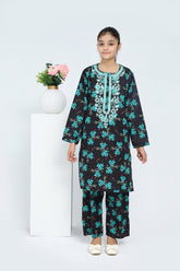 Plum 100% Cotton Lawn Black Colour Printed Sea Green Flowers Embroidered Sea Green threads On Stitched 2 pc suit for Girls.